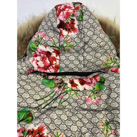 Girls Down Puffer Jacket Brown Floral Removable Hood Fur Trim Sz 8 - Picture 15 of 16